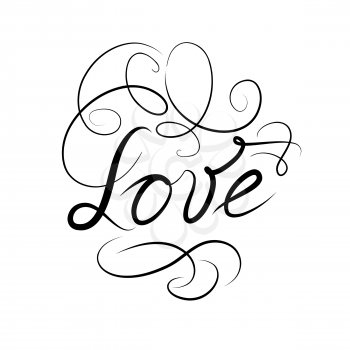 Calligraphic Doodle Love Sign with handwritten lettering LOVE. Swil Line Typography Valentine's day holiday ornamental vignette decor element. Good for wedding, greeting card, bridal invitation, tatto