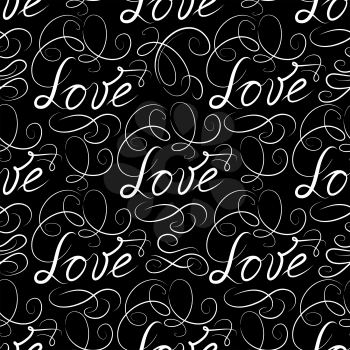 Calligraphic handwritten phrase LOVE seamless pattern with vignette. Doodle swirl line background. Valentine's day holiday lettering ornament