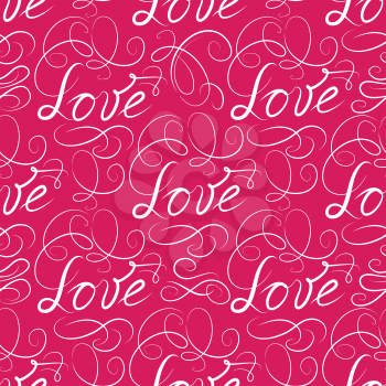 Love seamless pattern. Doodle ornamental swirl calligraphic vignette background with handwritten lettering LOVE.