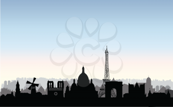Paris city skyline. French urban landscape. Paris cityscape with landmarks. Travel France background. Vacation in Europe wallpaper with buildings silhouette. 