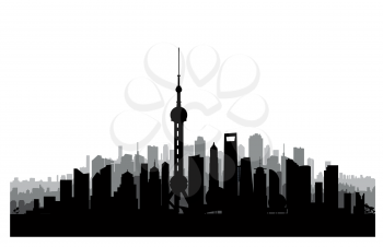 Shanghai city skyline. Chinese urban landscape. Shanghai cityscape with landmarks. Travel China background. Vacation in Asia wallpaper with buildings silhouette.