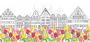 Amsterdam street landmark view. Buildings and tulip flowers. Travel Netherlands Background. Seamless floral city border