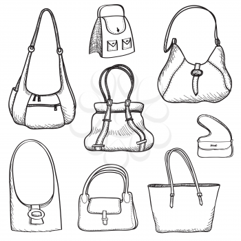Handbags doodle sketch set. Fashion accessory. Women bag silhouettes. Female purse collection.