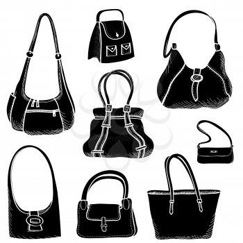 Handbags doodle sketch set. Fashion accessory. Women bag silhouettes. Female purse collection.