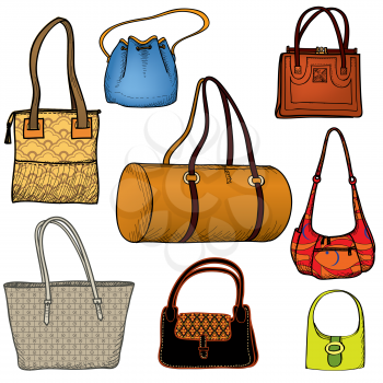 Handbags. Fashion bag set. Female purse collection.
