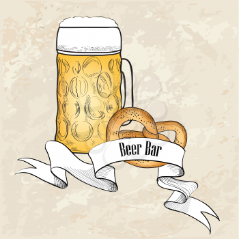 Beer ware background in retro style. Beer Mug banner. Beer Glass doodle engraved poster.