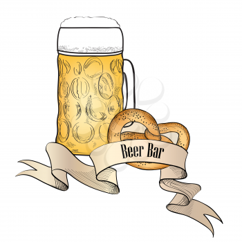 Beer ware background in retro style. Beer Mug banner. Beer Glass doodle engraved poster.
