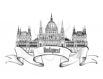 Budapest city symbol. Budapest Parliament Building, Hungary. Hand drawing vector sketch