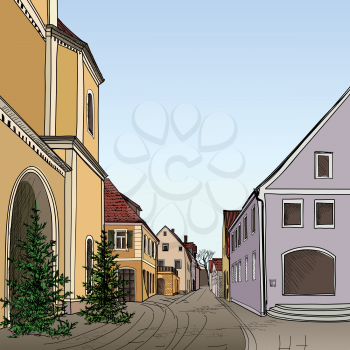 Street view in old city. Cityscape - houses, buildings and tree on alleyway. Medieval european landscape.