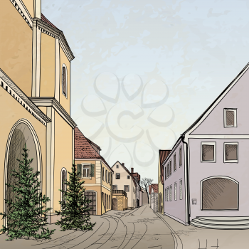 Street view in old city. Cityscape - houses, buildings and tree on alleyway. Medieval european landscape.