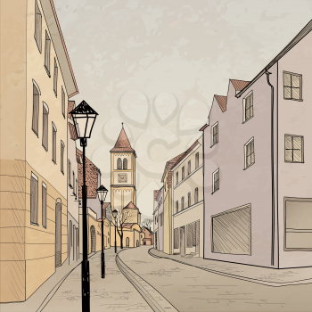 Old-fashioned travel background. Pedestrian street city. Hand drawn sketch. Vector cityscape.