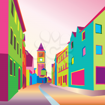 Funky journey. Pedestrian street in European city. Colorful panorama city vector background in 1960s pop art style.