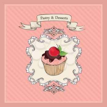 Vintage Cakes Background.  Bakery Retro Label. Sweets and Desserts Menu. Vector Poster. 