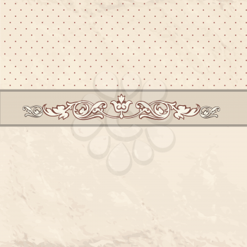 Floral border on vintage background. Old paper with patern in retro victorian style. Vector card border with place for text. Perfect for greetings, invitations or announcements.  
