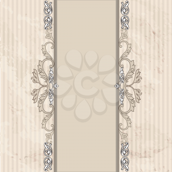 Floral border on vintage background. Old paper with patern in retro victorian style. Vector card border with place for text. Perfect for greetings, invitations or announcements.