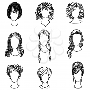 Cute girl faces collection. Women avatars set. Handsome characters flat design. Hand drawn sketch design.