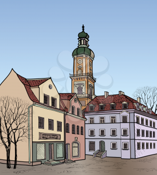 European cozy street. Downtown landscape. Vector illustration. Pedestrian street in the old European city with church on the background. Historic city street. Hand drawn sketch of cityscape. 