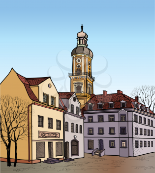 European cozy street. Downtown landscape. Vector illustration. Pedestrian street in the old European city with church on the background. Historic city street. Hand drawn sketch of cityscape. 
