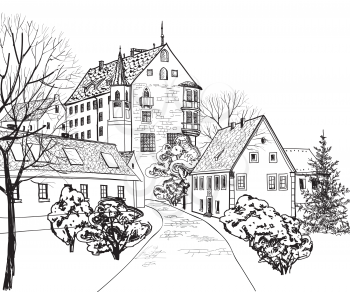  Pedestrian street in the old european city with tower on the background. Historic city street. Hand drawn sketch of cityscape. Vector illustration. 
