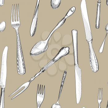 Fork, Knife, Spoon hand drawing sketch  seamless texture. Cutlery  pattern