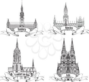 Geman city travel label set. Hamburg, Munich, Koln, Frankfurt am Main, Gemany, Europe. Hand drawn vector town symbol set.