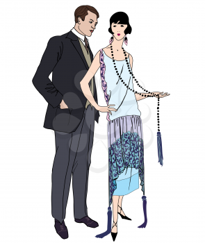 Couple on party. Man and woman in cocktail dress in vintage style 1920's. Portrait of an attractive flapper girl with her boyfriend. Retro fashion vector illustration isolated on white background. 