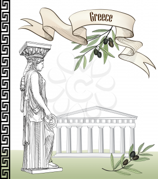 Ancient greece icon set: Acropolis Hill in Athens, Greek sculpture caryatid, olive branch, greek ornament and ribbon with copy space. Hand drawn Travel Europe collection. Greek background. 