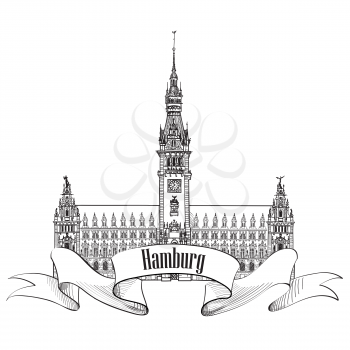 Hamburg landmark town hall. Germany, Europe. Hand drawn vector sketch german city symbol.
