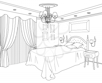 Bedroom furniture. Doodle line sketch of home interior. Vintage bed room blueprint.