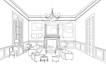 Home interior furniture with sofa, armchair, table. Living room drawing design. Engraves hand drawing vector illustration