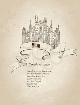 Milan citiy symbol Dome Cathedral. Italian landmark label over old paper background with copy space. Travel Italy set.