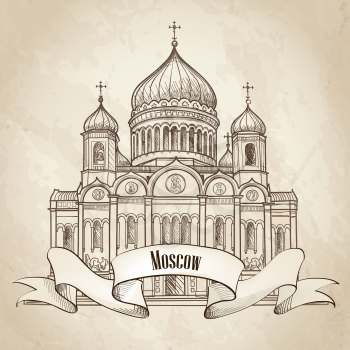 Cathedral of Christ the Savior in Moscow, Russia. Travel city old-fashioned background. Vector illustration.