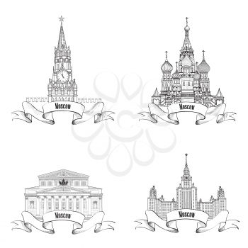 Moscow City Label set. Bolshoy theatre, Spasskaya tower, Moscow State University, Saint Baisil Cathedral. Travel icon vector collection.