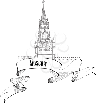 Spasskaya tower, Red Square, Kremlin. Moscow City Label. Travel Russia icon vector hand drawn illustration.
