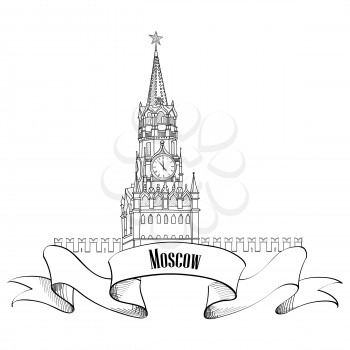 Spasskaya tower, Red Square, Kremlin, Moscow, Russia. Moscow City Label. Travel icon vector hand drawn illustration.