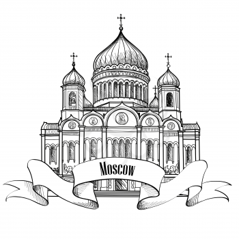 Cathedral of Christ the Savior in Moscow, Russia. Travel city label. Vector illustration. 