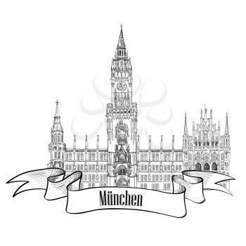 Munich famous city palace with tower. Rathause, own Hall, Munich, Germany. travel landmark building facade engraving sketch sign.