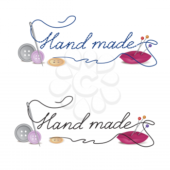 Needle with thread hand made. Sewing accessories an buttons on white background. Vector illustration. 