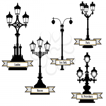 Street lamp label set. Street lights of London, PAris, New-York, Moscow, St Petersburg retro collection. Travel the world icon set.