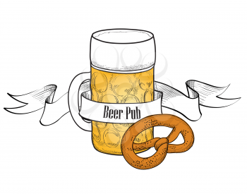Beer Mug symbol. Full Beer Glass with snack. Beer bar banner