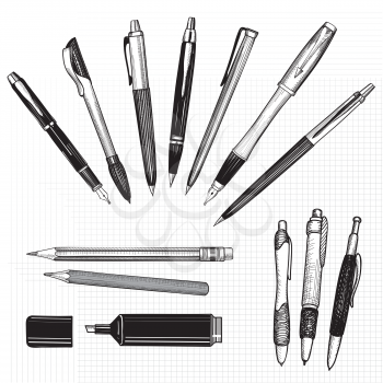 Pen set. Hand drawn vector doodle illustration. Pencils, pens and marker collection isolated on white