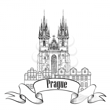  Prague landmark, Tyn Cathedral & Clock Tower sketch. Travel European symbol.