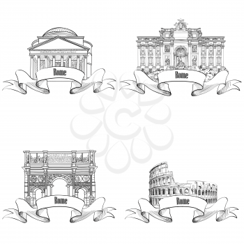 Rome citiy landmarks: Pantheon, Constantin's Arc, Fountain di Trevi, Colosseum. Travel famous place sign set.