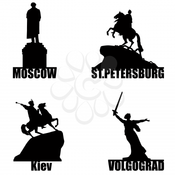 Russian city symbol silhouette set. Moscow, St Petersbrg, Volgorad and Ukrainian Kiev