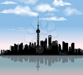 Shanghai city skyline. Chinese urban landscape. Shanghai cityscape with landmarks. Travel China background. Vacation in Asia wallpaper with buildings silhouette.