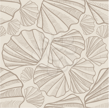 Seashell seamless pattern. Summer holiday marine background. Underwater ornamental textured sketching wallpaper with sea shells, sea star and sand.