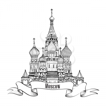Moscow City Symbol. St Basil's Cathedral, Red Square, Kremlin, Moscow, Russia. Travel icon vector hand drawn sketch illustration.
