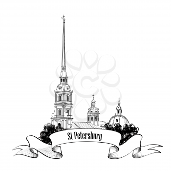 St. Petersburg city landmark, Russia. Cityscape sign isolated over background with lettering.