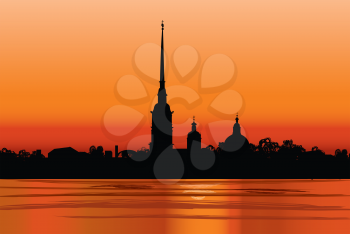 St. Petersburg landmark, Russia. Saint Peter and Paul Cathedral and Fortress, sunrise view from Neva river. Russian cityscape silhouette vector background.