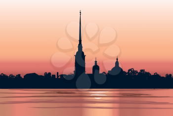 St. Petersburg landmark, Russia. Saint Peter and Paul Cathedral and Fortress, sunrise view from Neva river. Russian cityscape silhouette vector background.